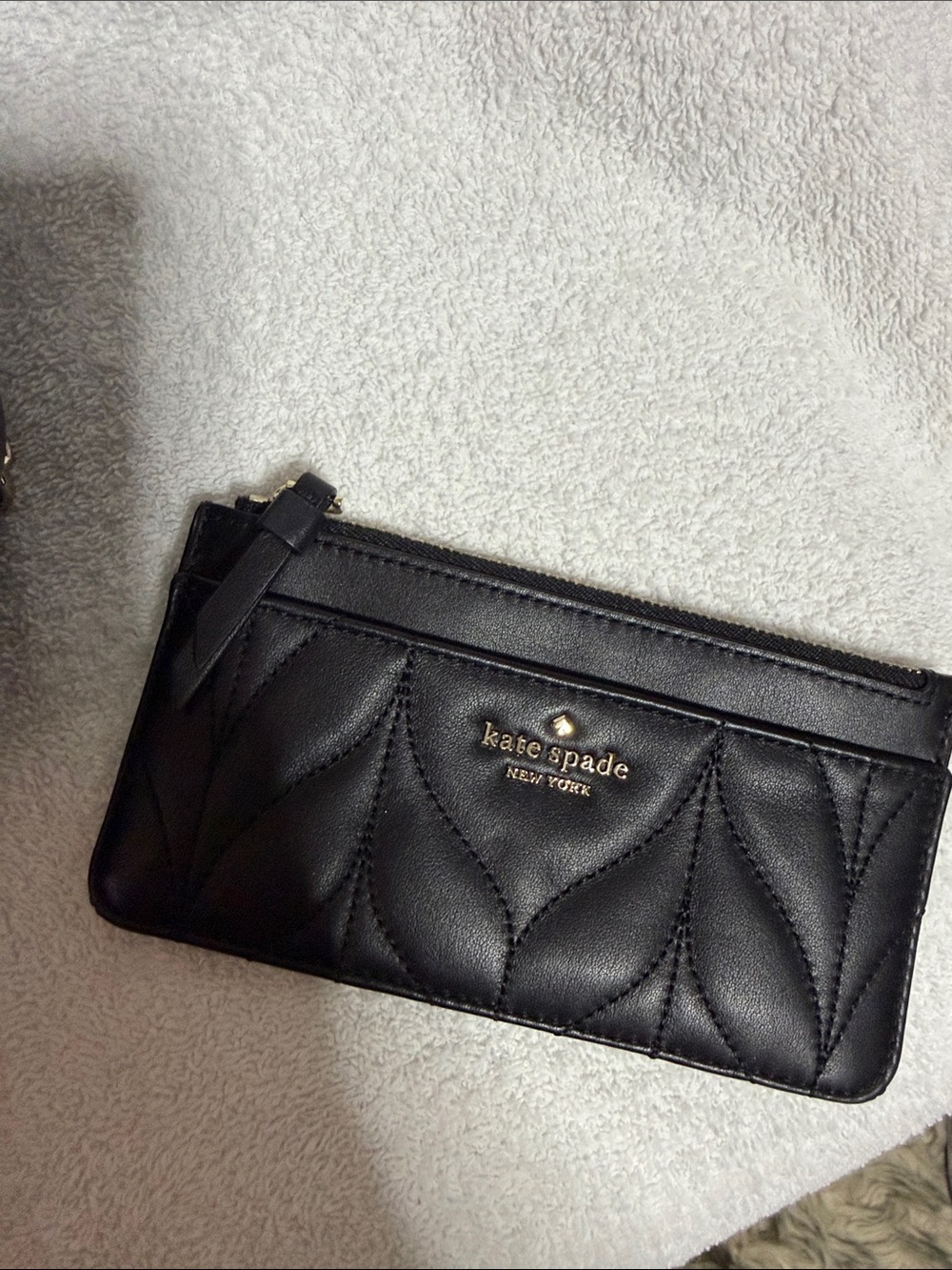 kate spade Black Quilted Leather Zip Card Wallet with Gold Logo